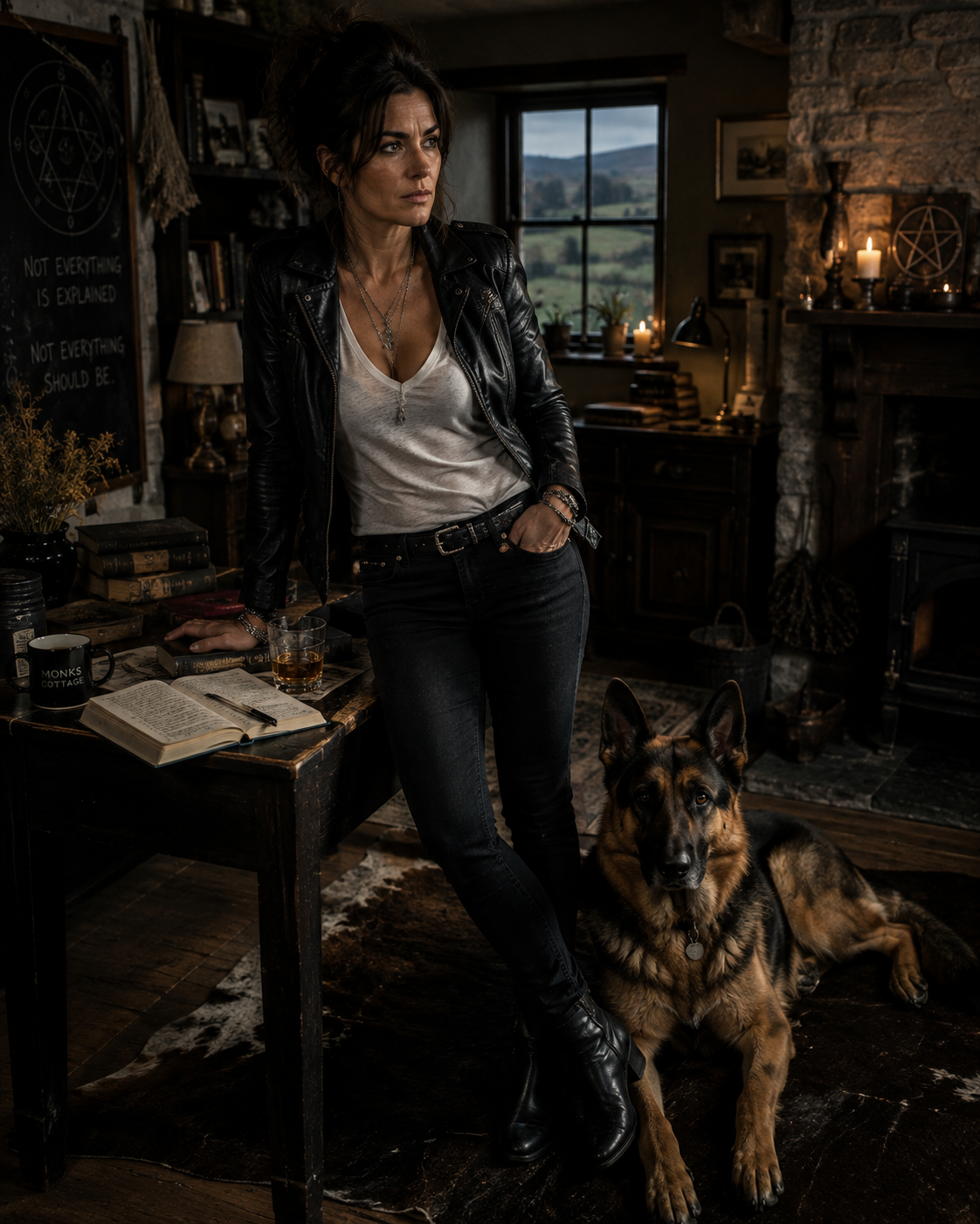 Ell Whitt and her German Shepherd Jerry Lee inside old Monks Cottage