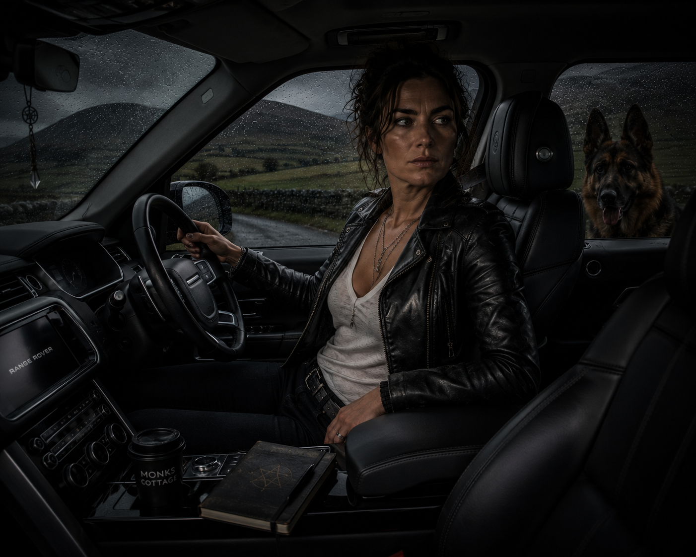 Ell Whitt in her black Range Rover, with German Shepherd Jerry Lee behind her